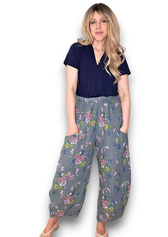 Helga May | Grey Wild Daisy Barrel Linen Pants