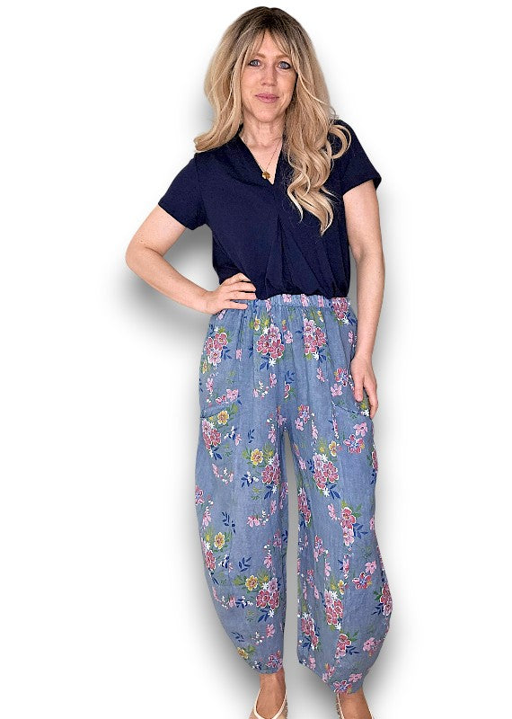 Helga May | Petrol Wild Daisy Barrel Linen Pants