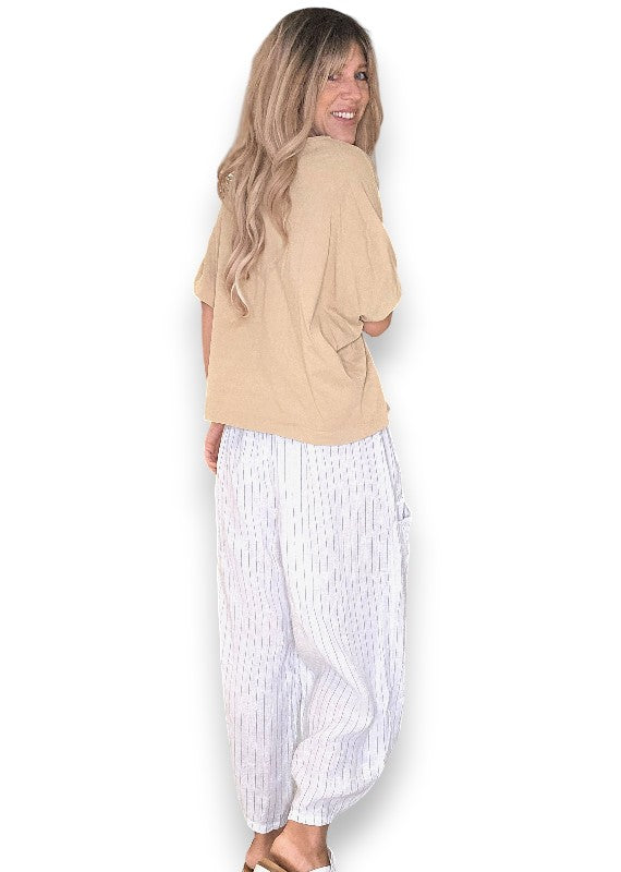 Helga May | White Pinstripe Barrel Linen Pants