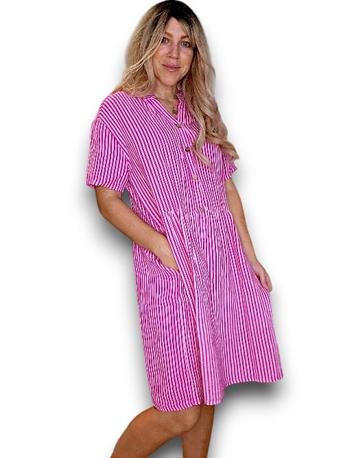 Helga May | Hot Pink Stripe Midi Coconut Button Dress