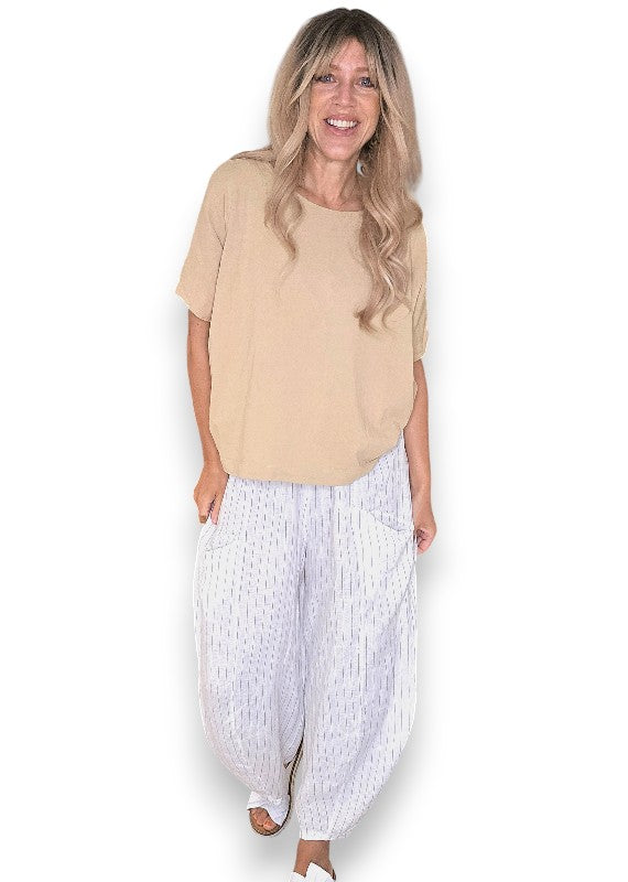 Helga May | White Pinstripe Barrel Linen Pants