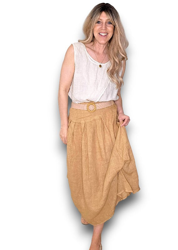 Helga May | Caramel Midi Raffia Belt Linen Skirt