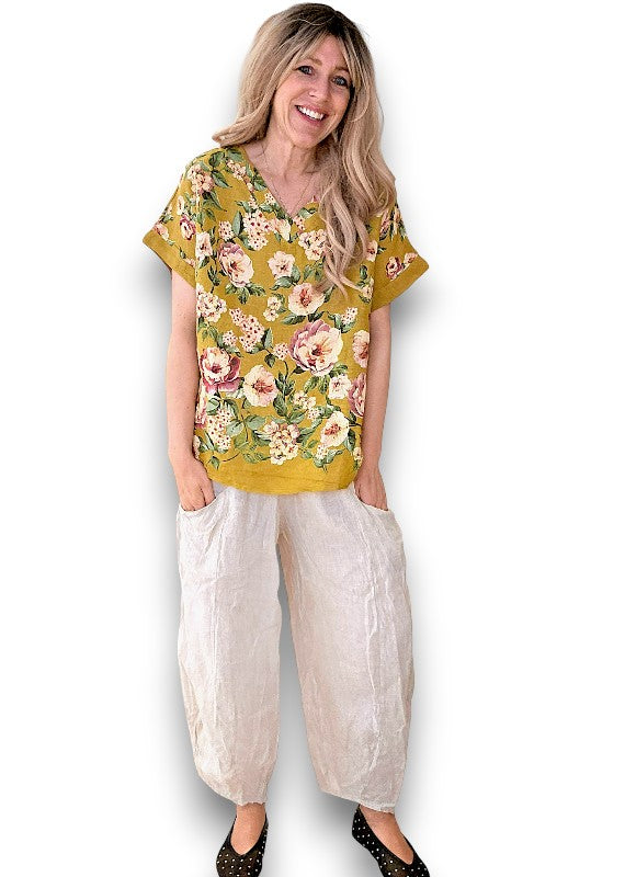 Helga May | Mustard Ruby Blossom Linen Top