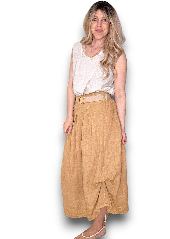 Helga May | Caramel Midi Raffia Belt Linen Skirt