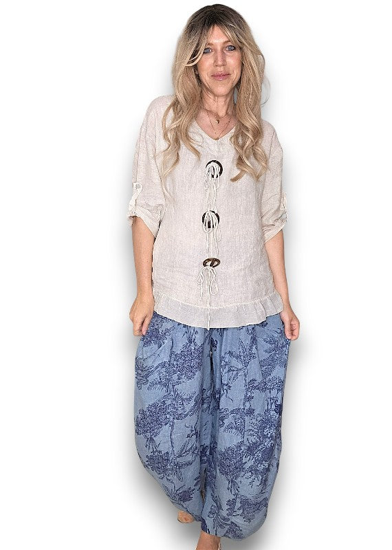 Helga May | Petrol French Toille Barrel Linen Pants