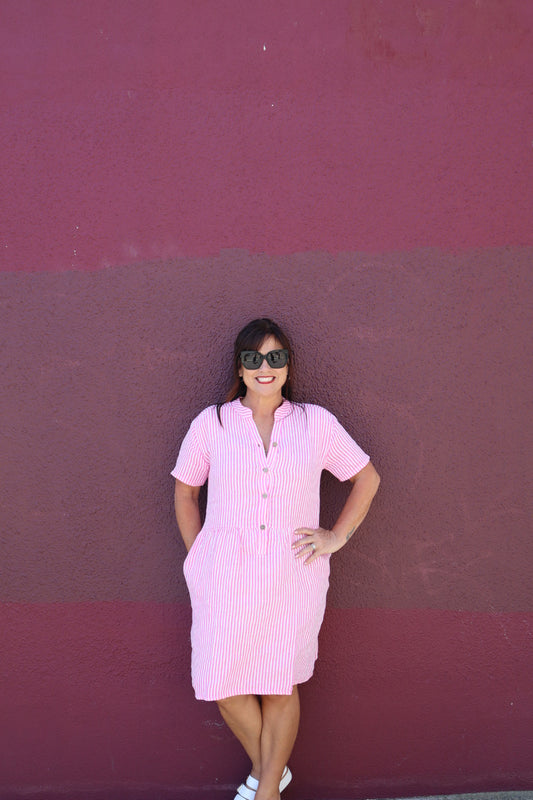 Helga May | Bubblegum Pink Stripe Midi Coconut Button Dress