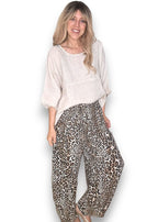 Helga May | Beige Leopard Barrel Linen Pants