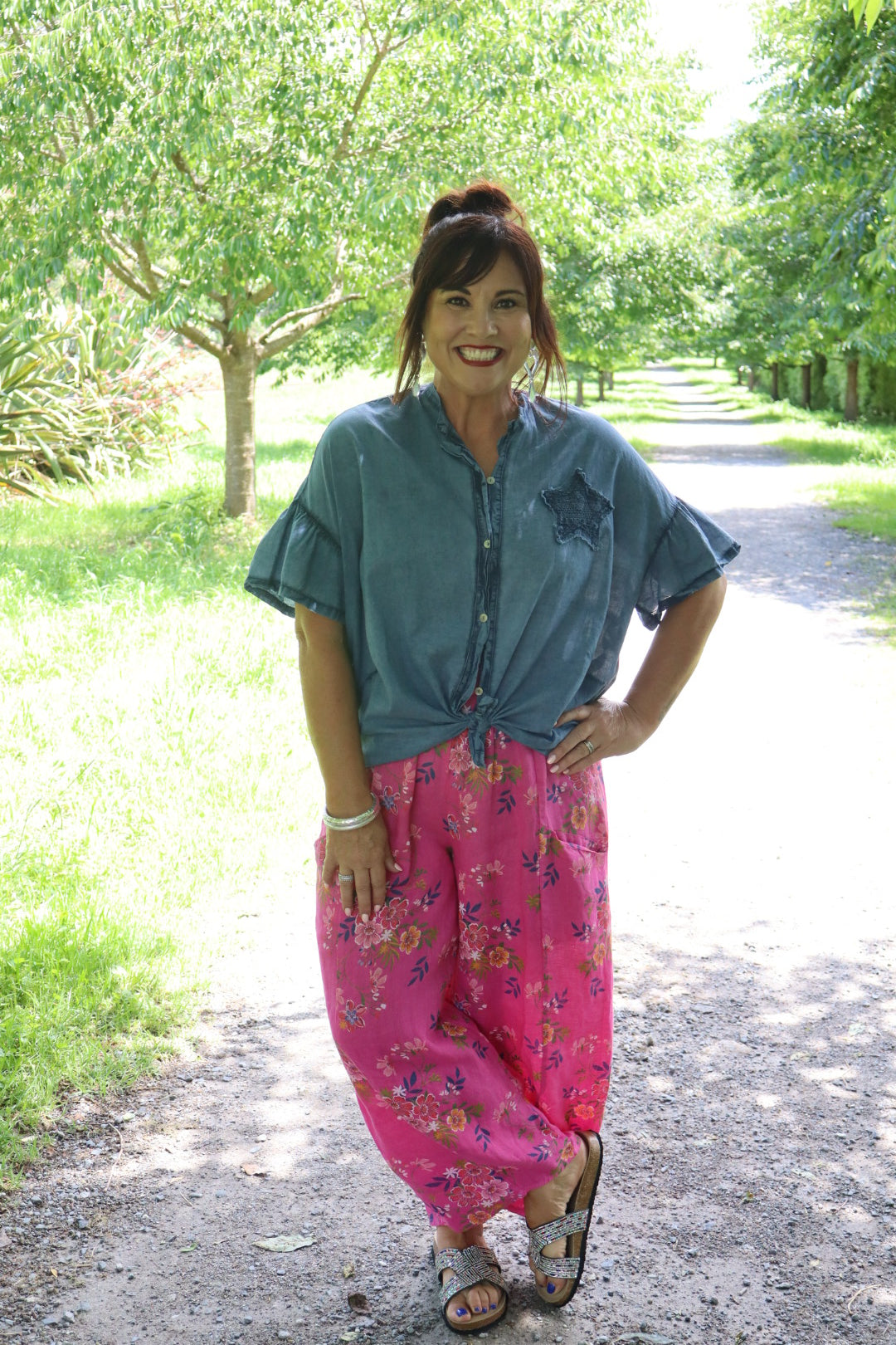 Helga May | Hot Pink Wild Daisy Barrel Linen Pants