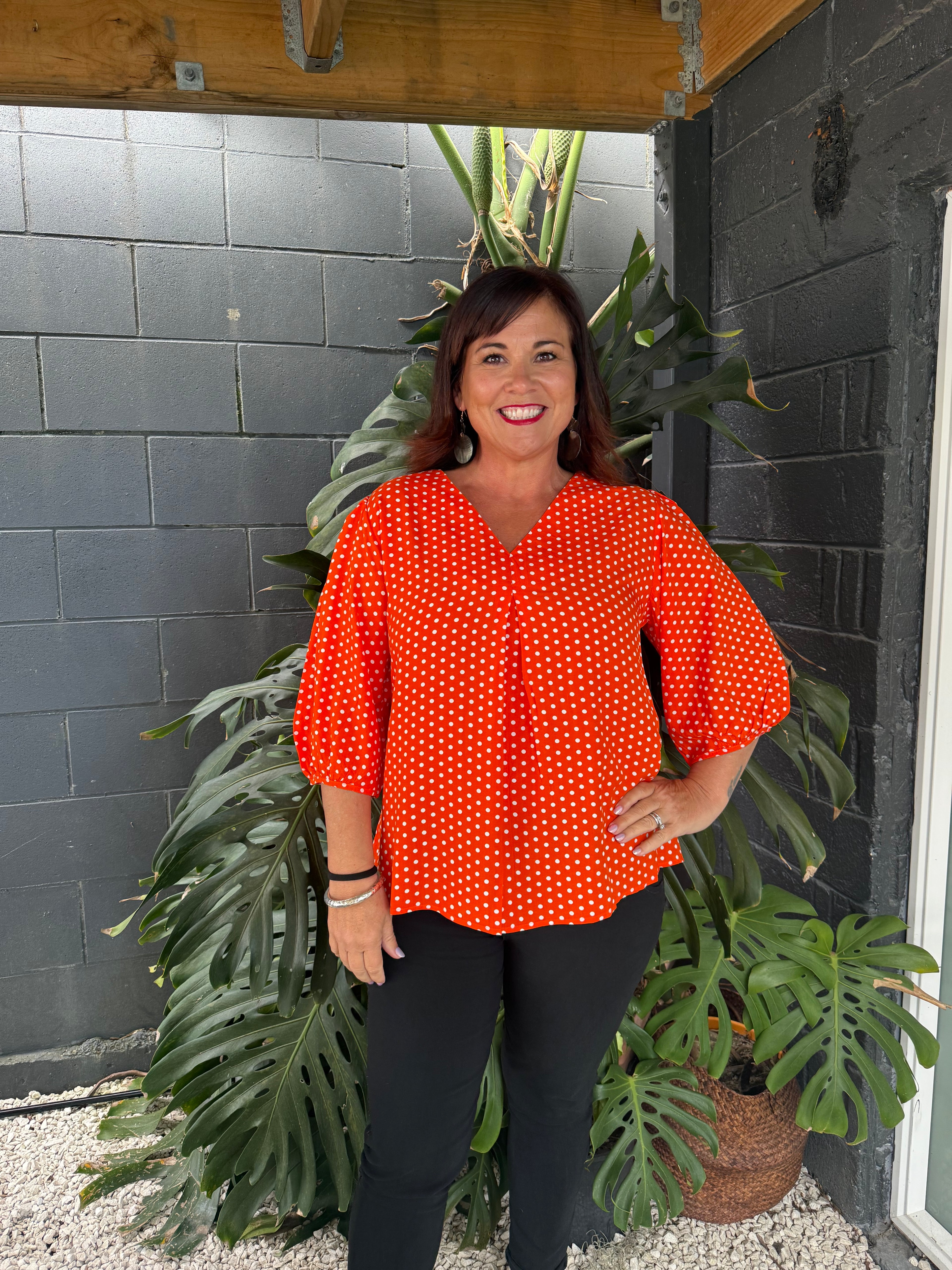 The Cottage Collection | Orchid Top - Orange Polka Dot
