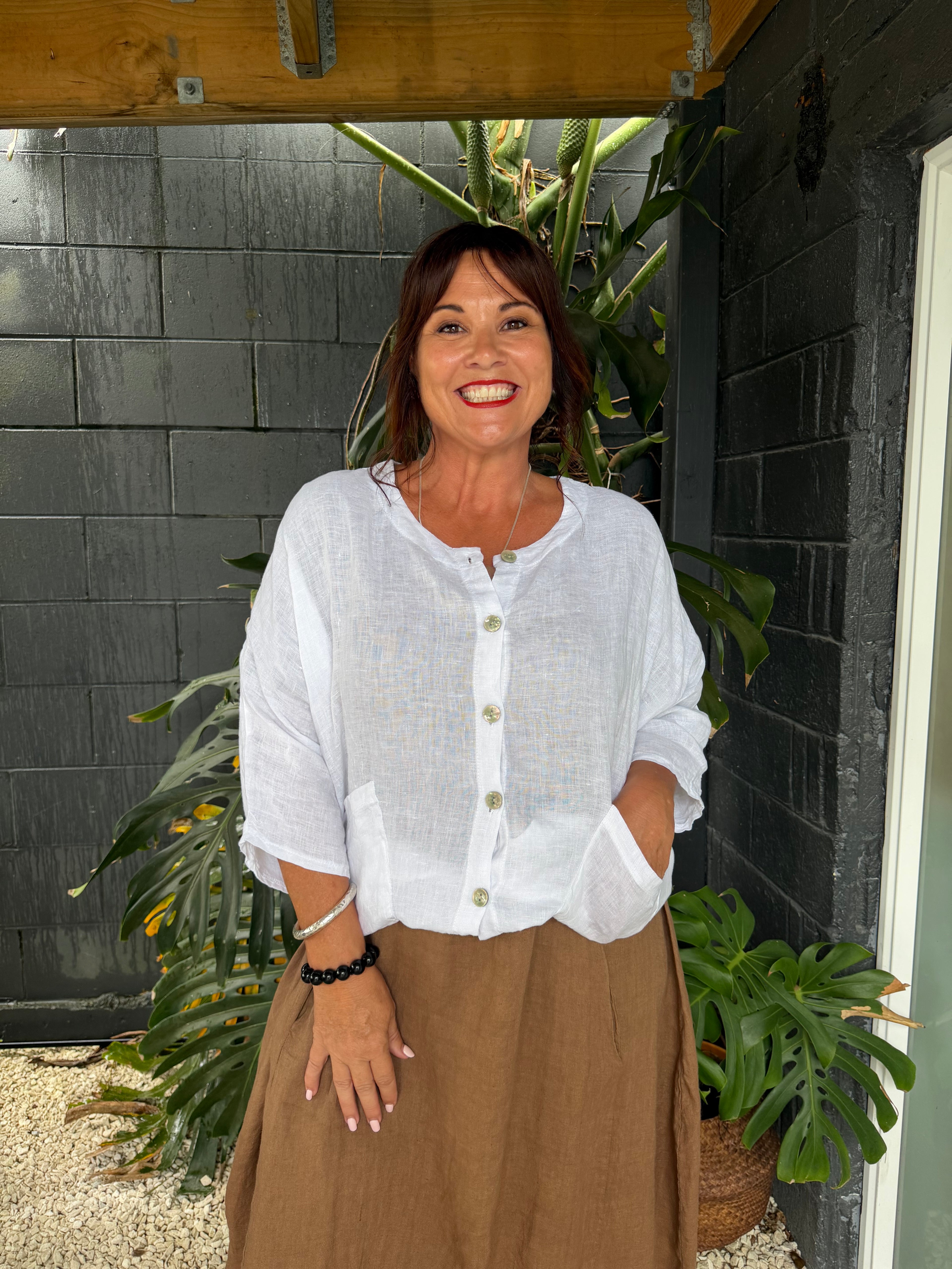 Helga May | White Pearl Button Top