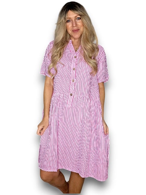 Helga May | Bubblegum Pink Stripe Midi Coconut Button Dress