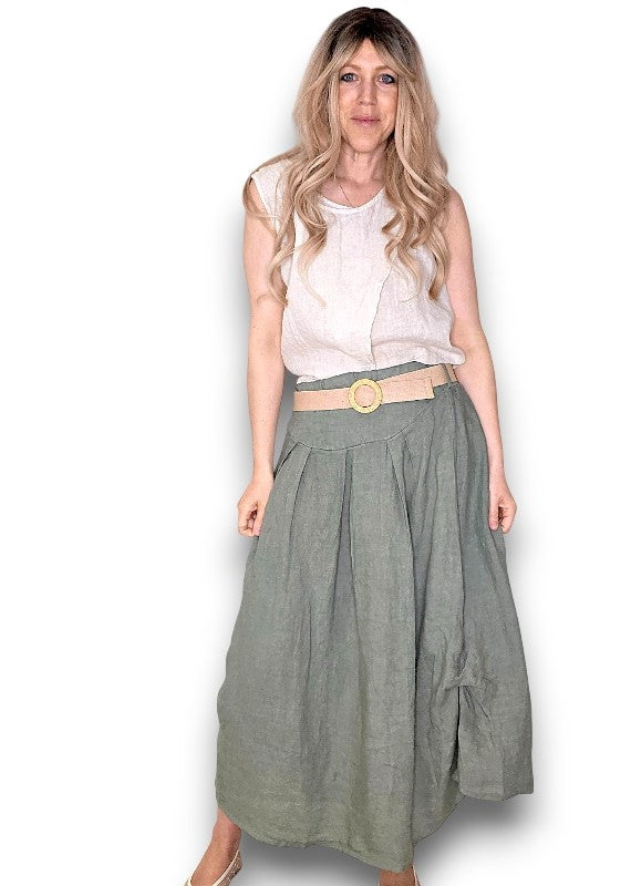 Helga May | Forest Midi Raffia Belt Linen Skirt