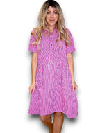 Helga May | Hot Pink Stripe Midi Coconut Button Dress