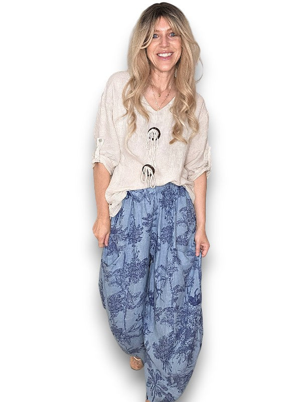 Helga May | Petrol French Toille Barrel Linen Pants