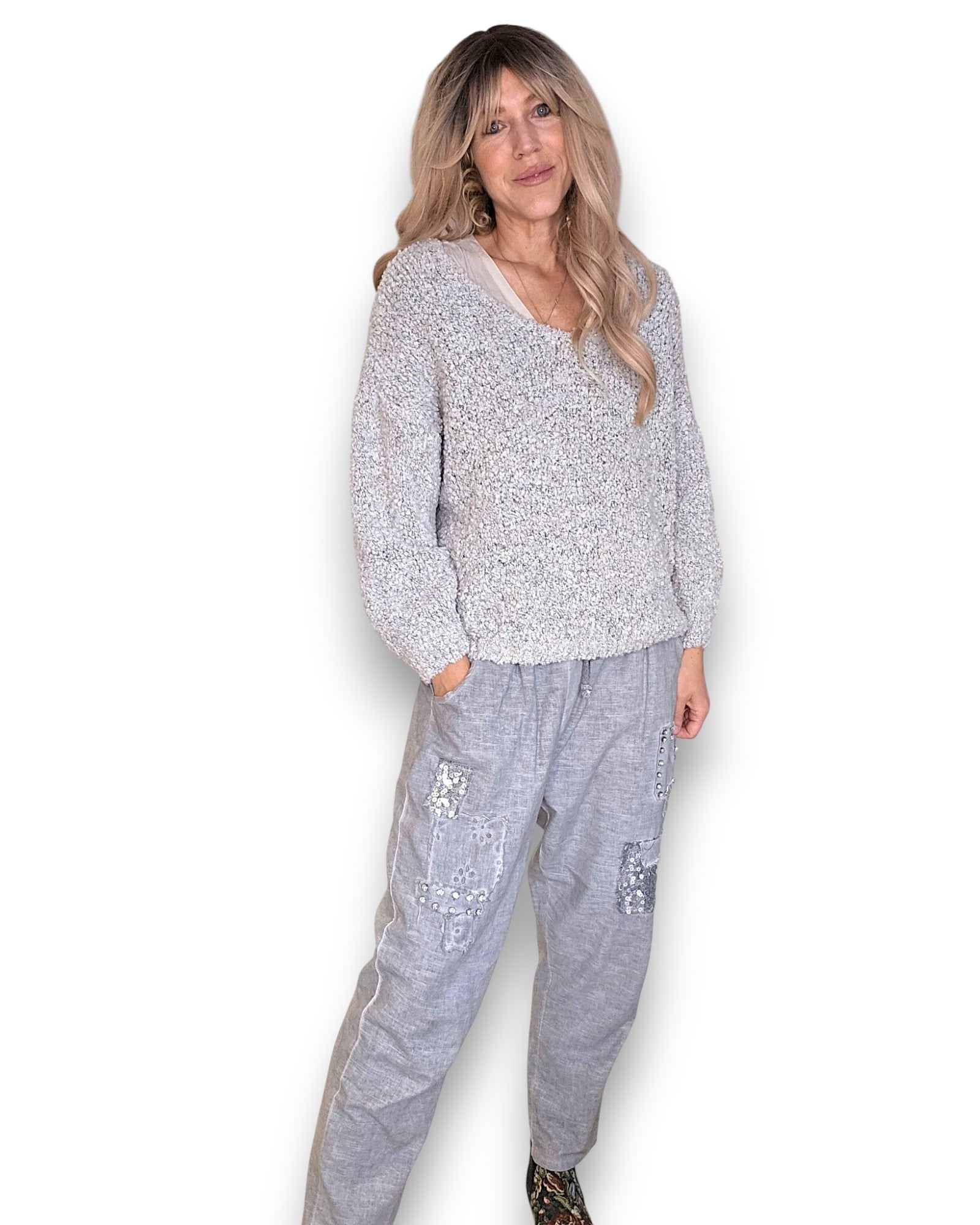 Helga May | Marle Grey V-Neck Chenille Sweater