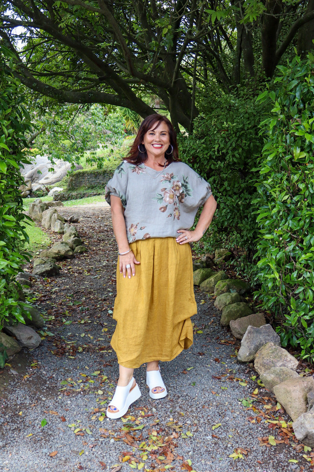 Helga May | Mustard Midi Raffia Belt Linen Skirt