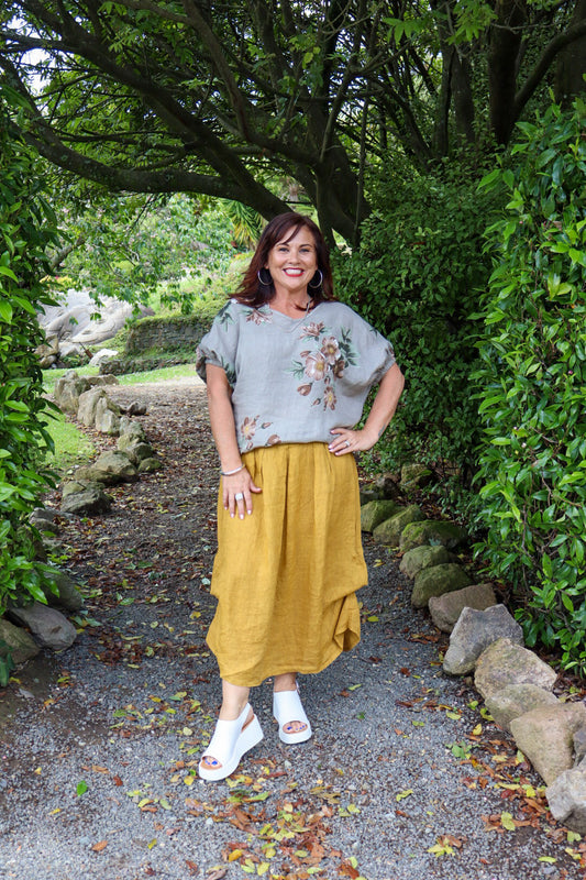 Helga May | Mustard Midi Raffia Belt Linen Skirt