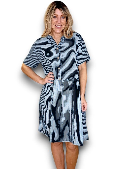 Helga May | Dark Jade Stripe Midi Coconut Button Dress