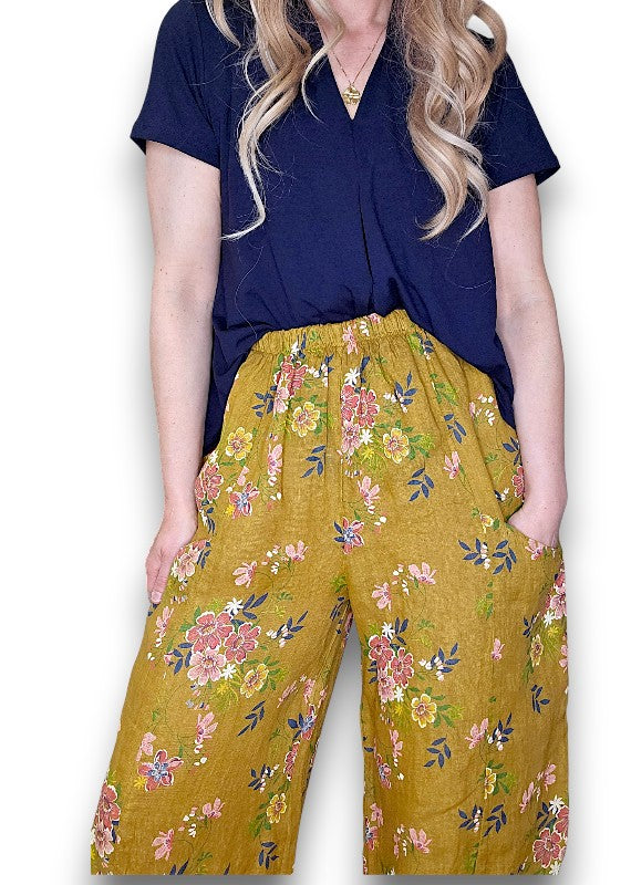 Helga May | Mustard Wild Daisy Barrel Linen Pants