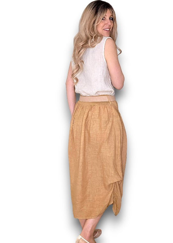 Helga May | Caramel Midi Raffia Belt Linen Skirt