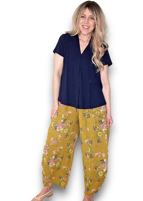 Helga May | Mustard Wild Daisy Barrel Linen Pants