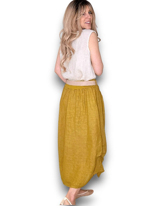 Helga May | Mustard Midi Raffia Belt Linen Skirt
