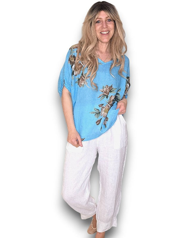 Helga May | Turquoise Spring Blossom Linen Top