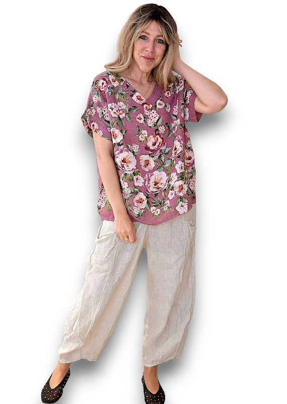 Helga May | Plum Ruby Blossom Linen Top