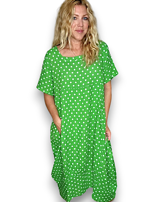 Helga May | Bright Green - Maxi Polka Dot Linen Dress