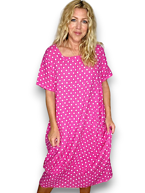 Helga May | Hot Pink Polka Dot - Mid Sleeve Linen Maxi Dress