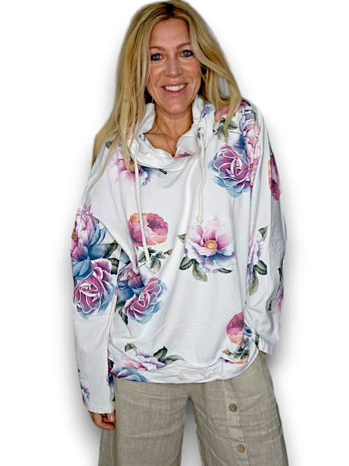 Helga May | White - Ombre Peony Cotton Hoodie