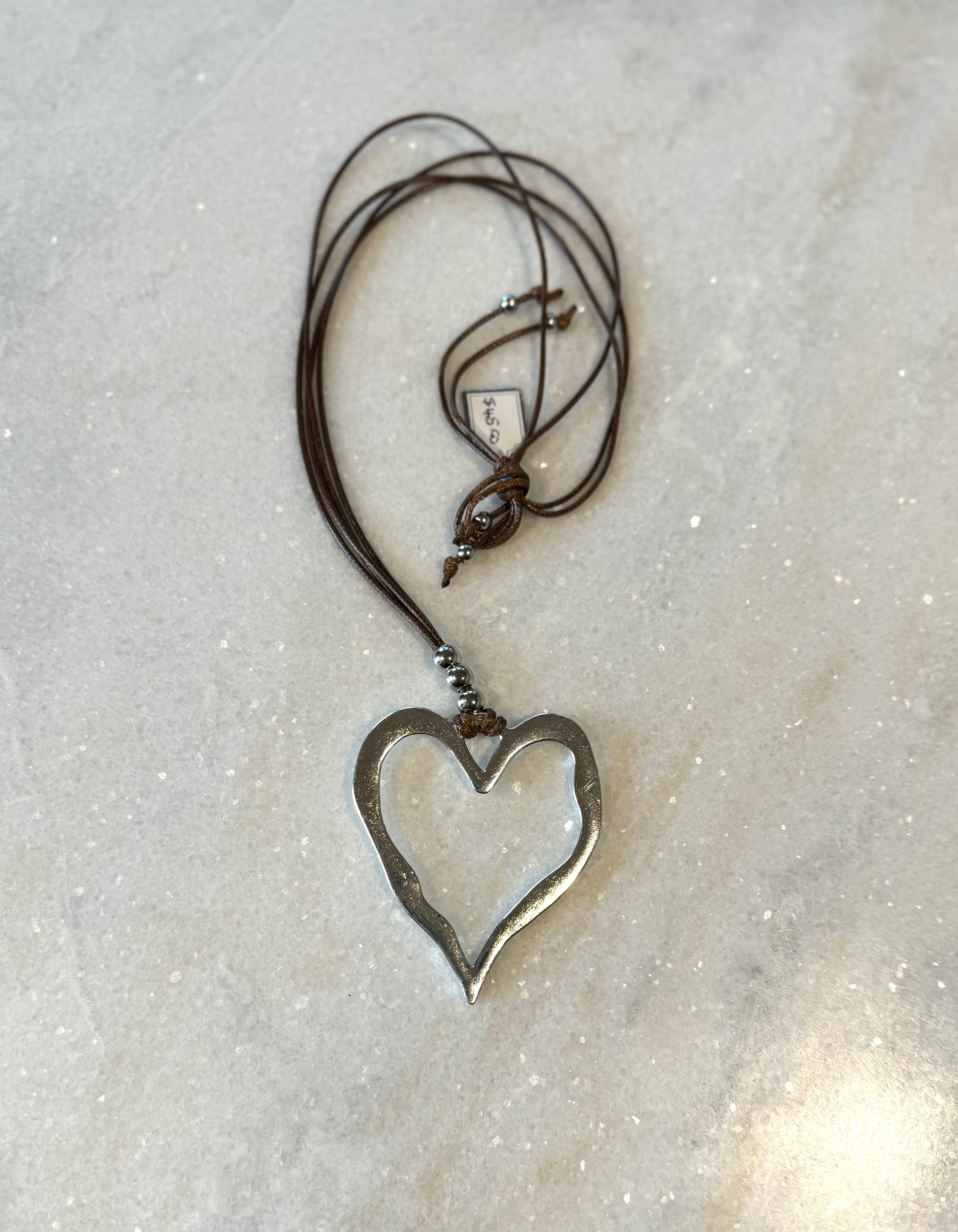 The Cottage Collection | Long Brown Leather Cord - Silver Heart