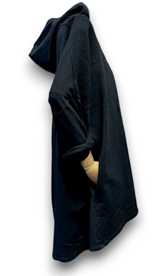 Helga May |Black - Plain Patchwork Cotton Hoodie