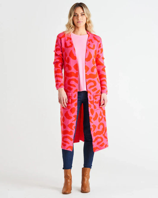 Betty Basics | Pink/Red Cheetah Print Swift Cardigan