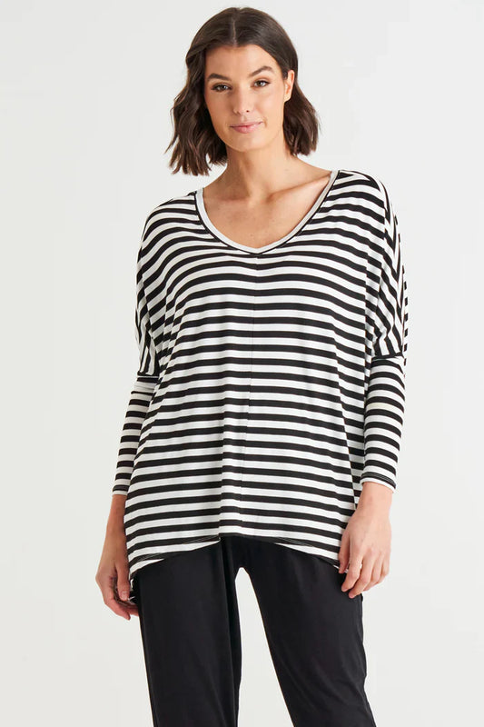 Betty Basics | Black/White Stripe - Kyoto V-Neck Top Curve