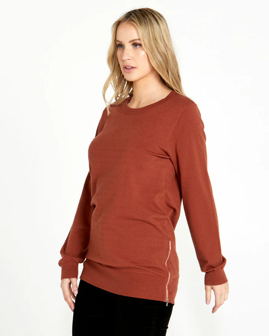 Sass | Chestnut Peggy Side Zip Knit Top