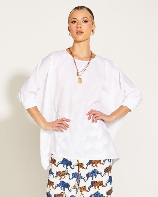 Fate + Becker | White - A Walk In The Park Linen Oversized Batwing Top