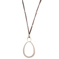 Necklace with a white oval pendant on a brown cord against a white background