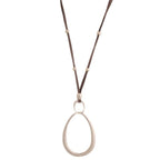 Necklace with a white oval pendant on a brown cord against a white background