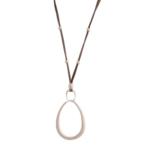Necklace with a white oval pendant on a brown cord against a white background