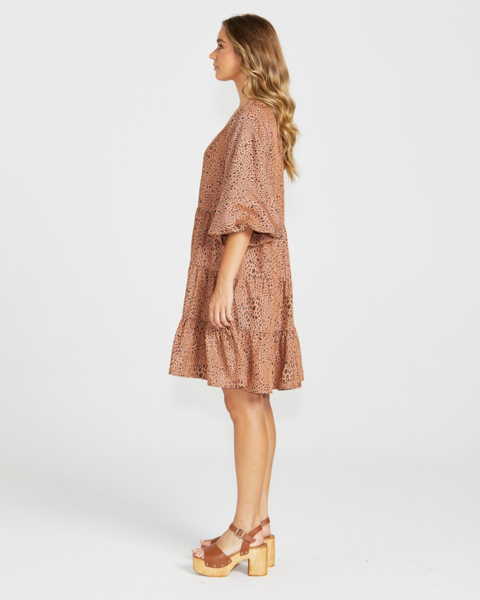 Sass | Tan Animal - Davie Tiered Dress