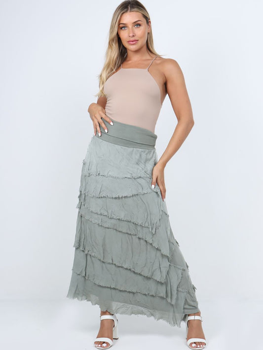 The Cottage Collection | Khaki Silk Ruffle Tiered Skirt