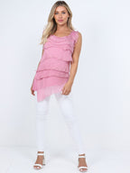 The Cottage Collection | Cherry Silk Tiered Ruffle Sleeveless Top