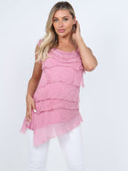 The Cottage Collection | Cherry Silk Tiered Ruffle Sleeveless Top