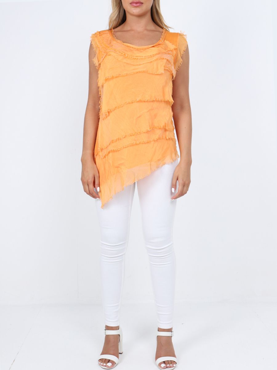 The Cottage Collection | Orange Silk Tiered Ruffle Sleeveless Top