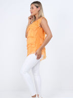 The Cottage Collection | Orange Silk Tiered Ruffle Sleeveless Top