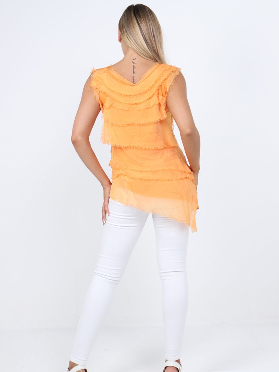 The Cottage Collection | Orange Silk Tiered Ruffle Sleeveless Top